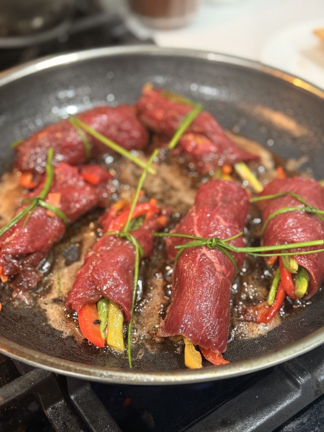 Beef tenderloin rolls wrapped around vegetables